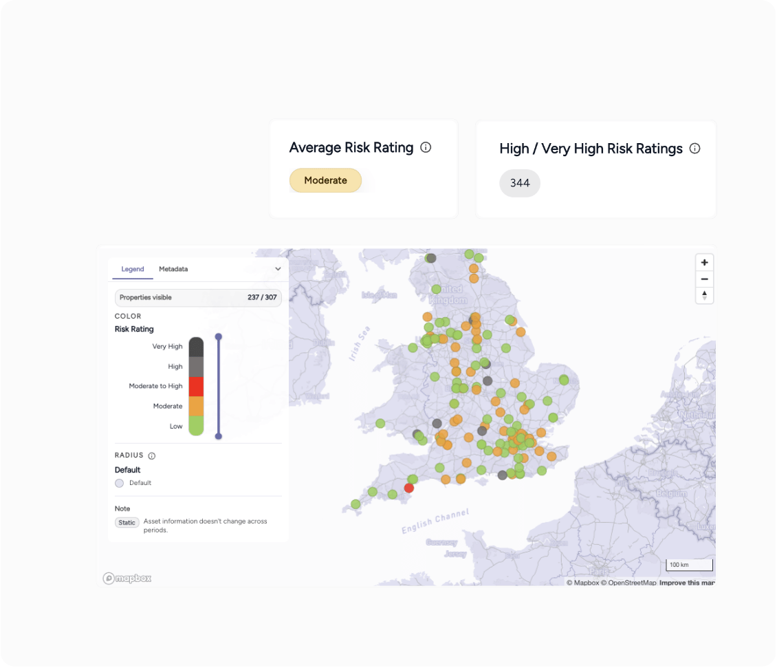 Climate risk assessment map of UK sites coloured by risk rating, with an average portfolio rating of Moderate and 344 high or very high risk ratings